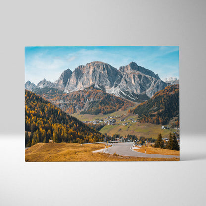 Canvas print of rustic Dolomites Val di Funes mountain landscape in autumn colors