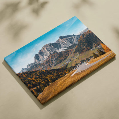 Rustic Dolomites Val di Funes autumn canvas wall art with golden mountains