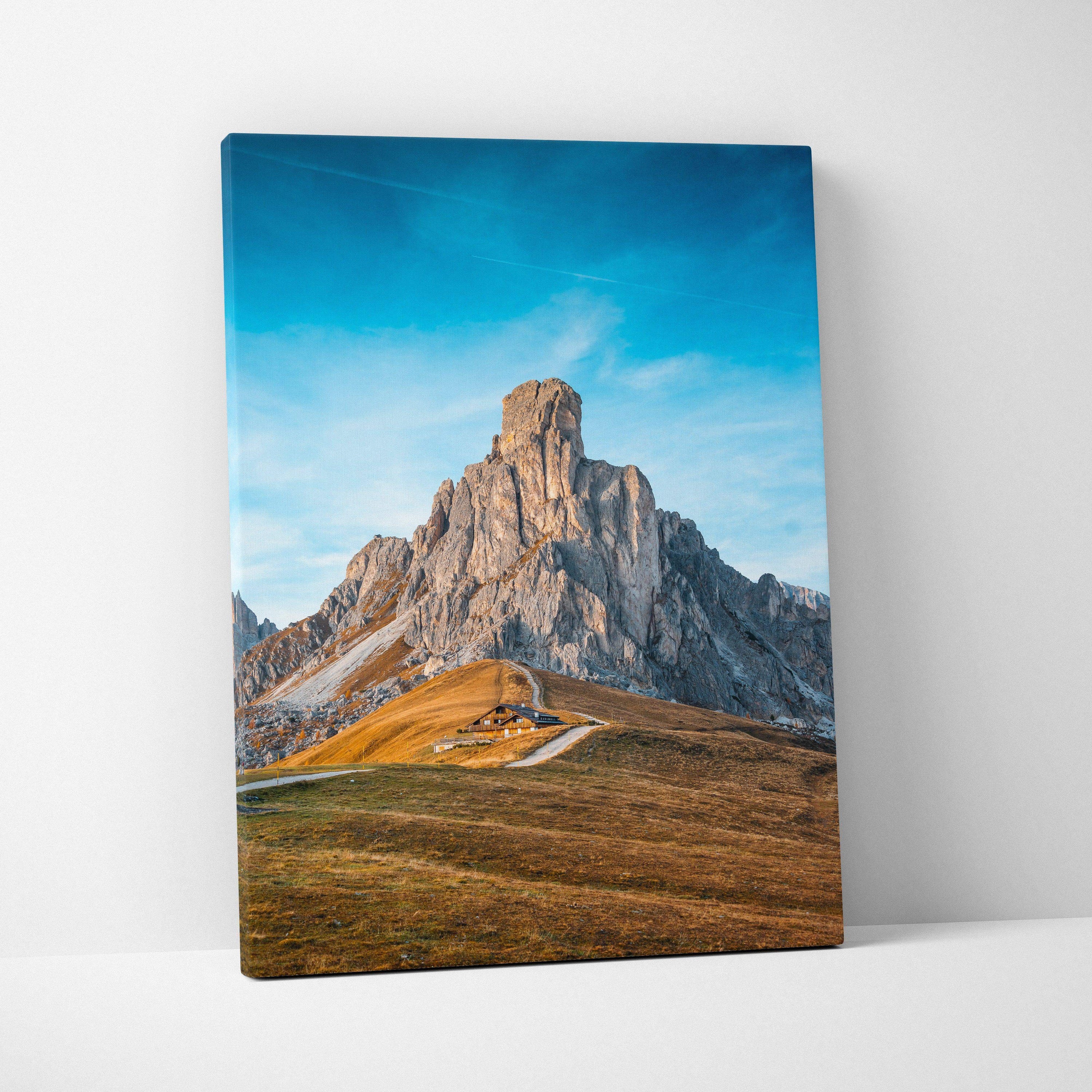 Canvas print of Ra Gusela Peak over Giau Pass alpine landscape