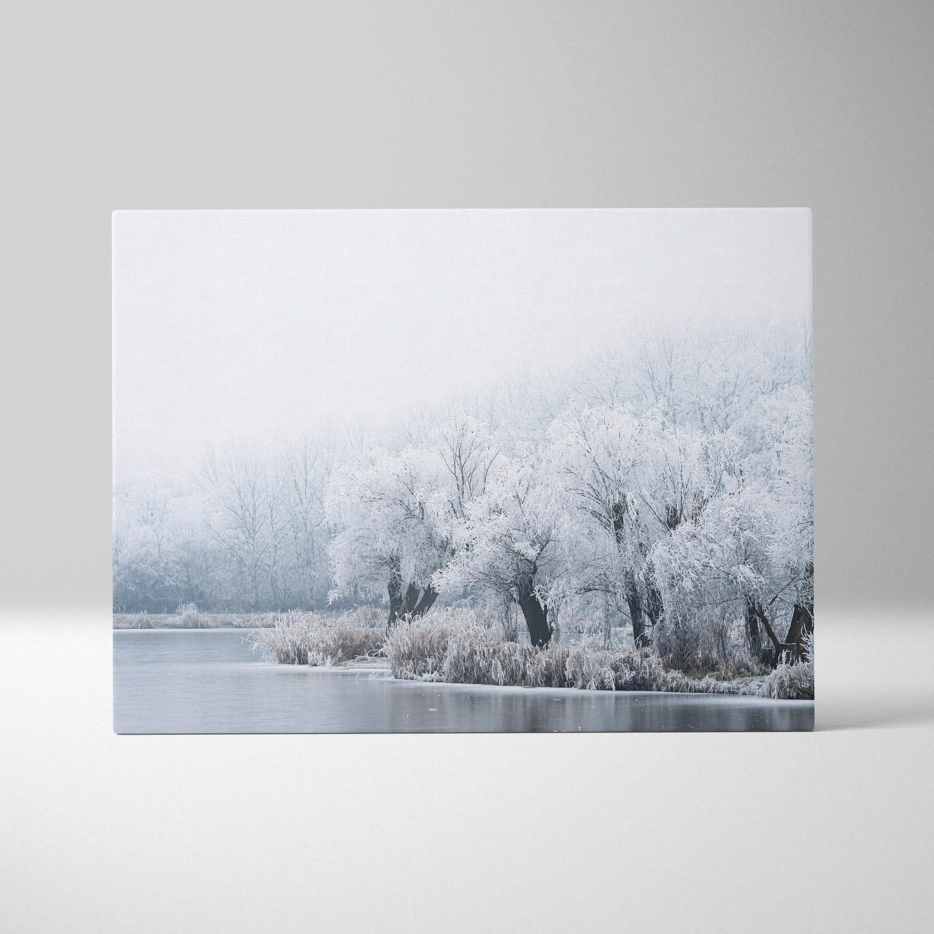 Winter landscape canvas wall art featuring snow-covered trees by a calm lake with muted blue and white tones.