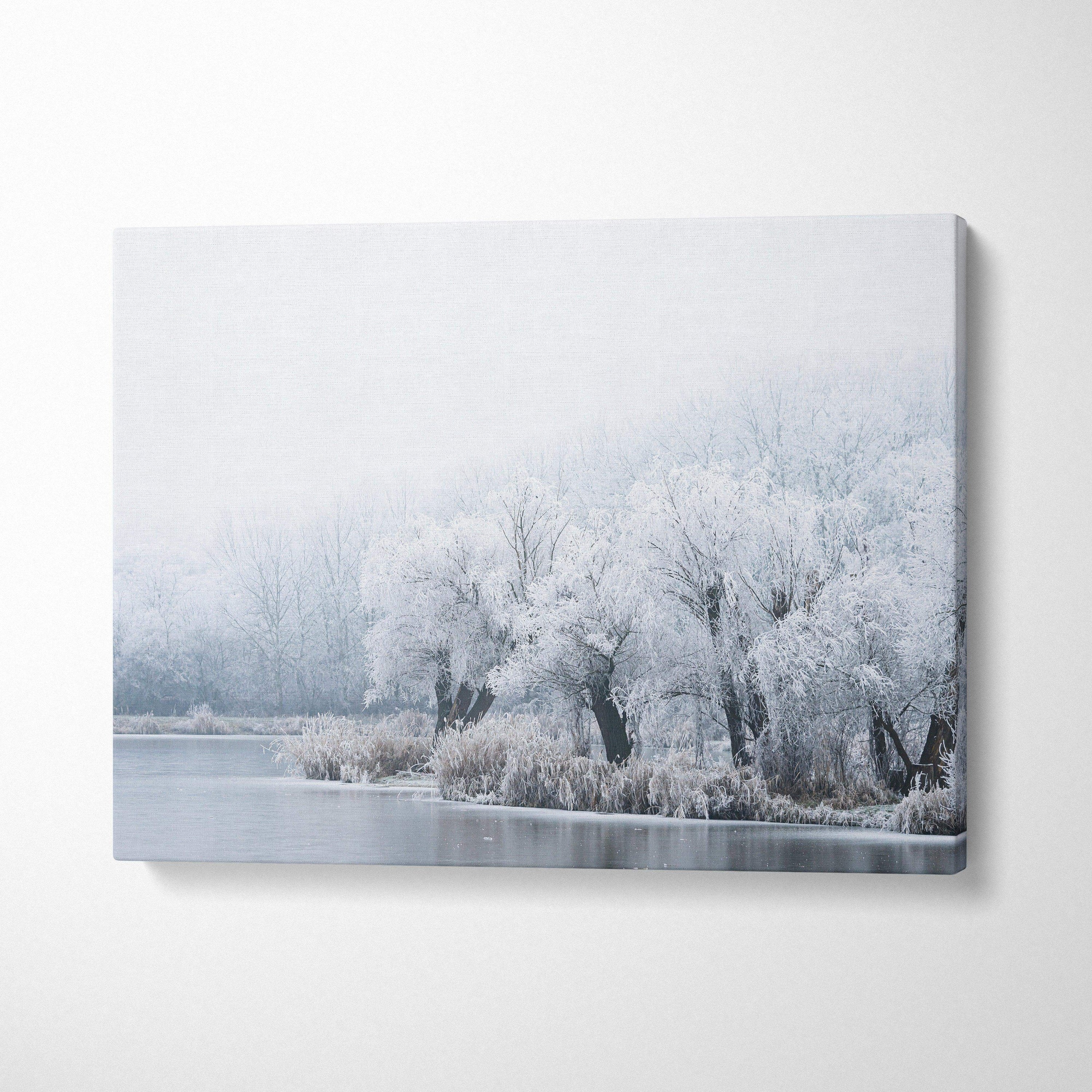 Winter snowy trees landscape on canvas wall art with soft gray and white tones decor.