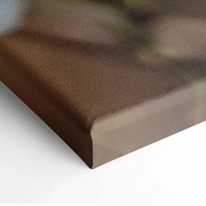 Brown textured canvas print of white almond tree blossoms in pastel mood