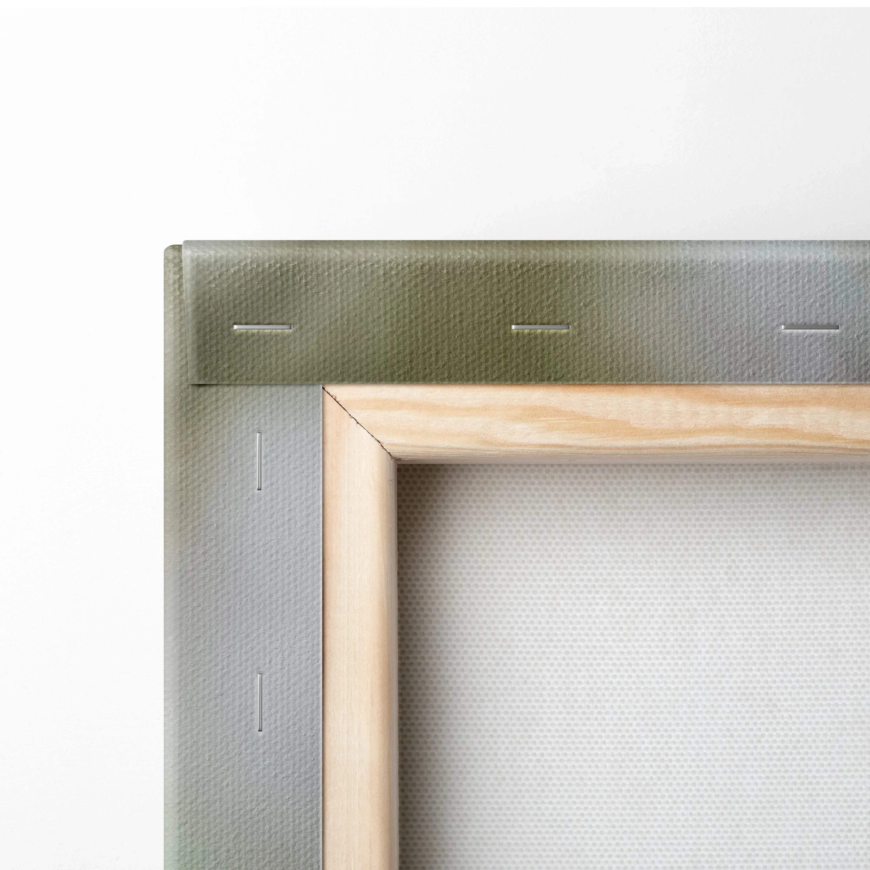 Back of minimalist floral white almond tree blossoms canvas art in light wood frame with olive-green textured backing