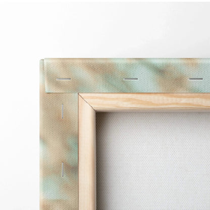 Back of light wood-framed Soft Focus Spring Landscape canvas with green beige tie-dye bars