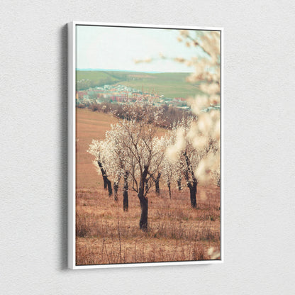 White-framed canvas print of serene soft focus spring landscape with almond tree flowers and hills