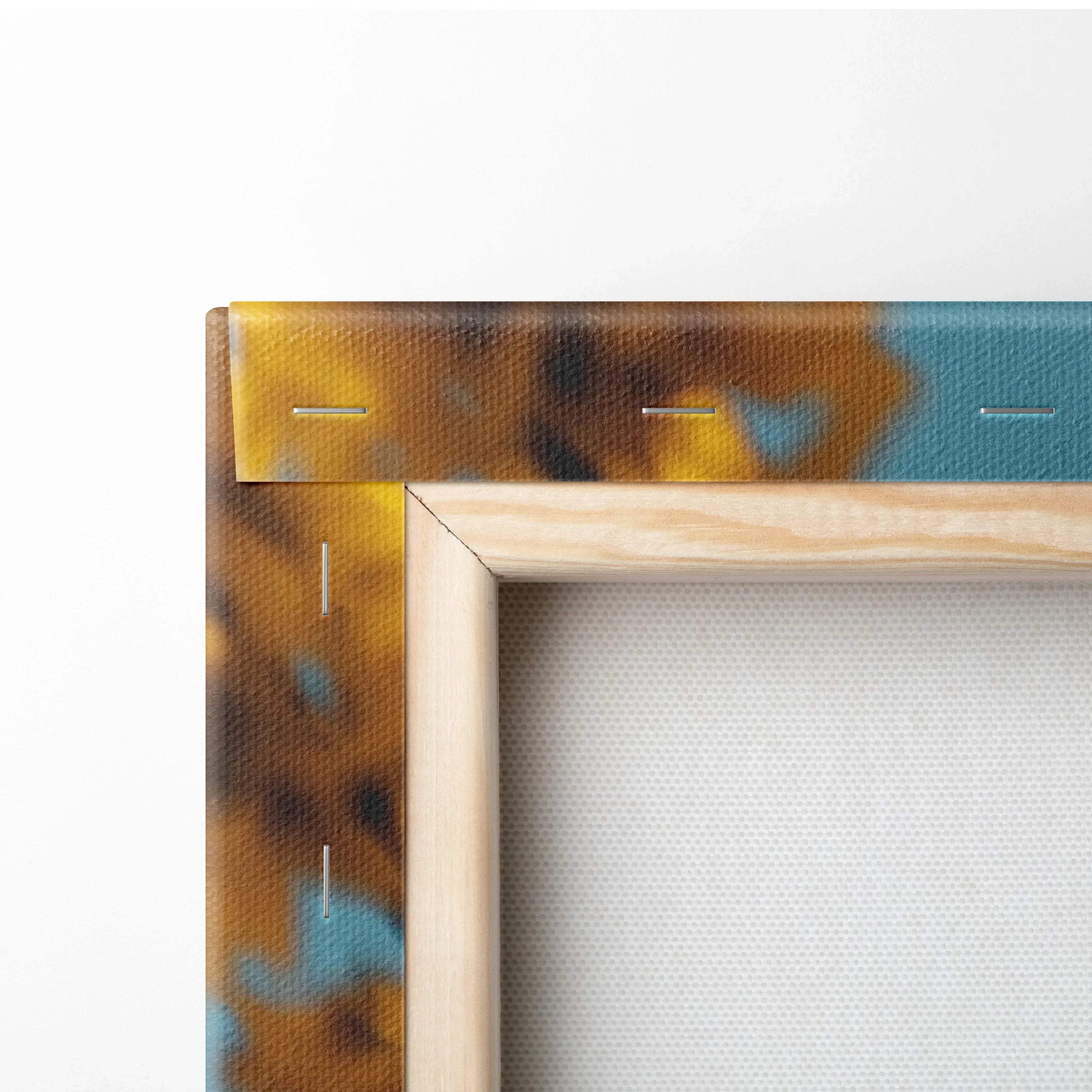 Close-up of wooden frame and stapled canvas corner for wall art decor showing natural wood and textured canvas fibers.