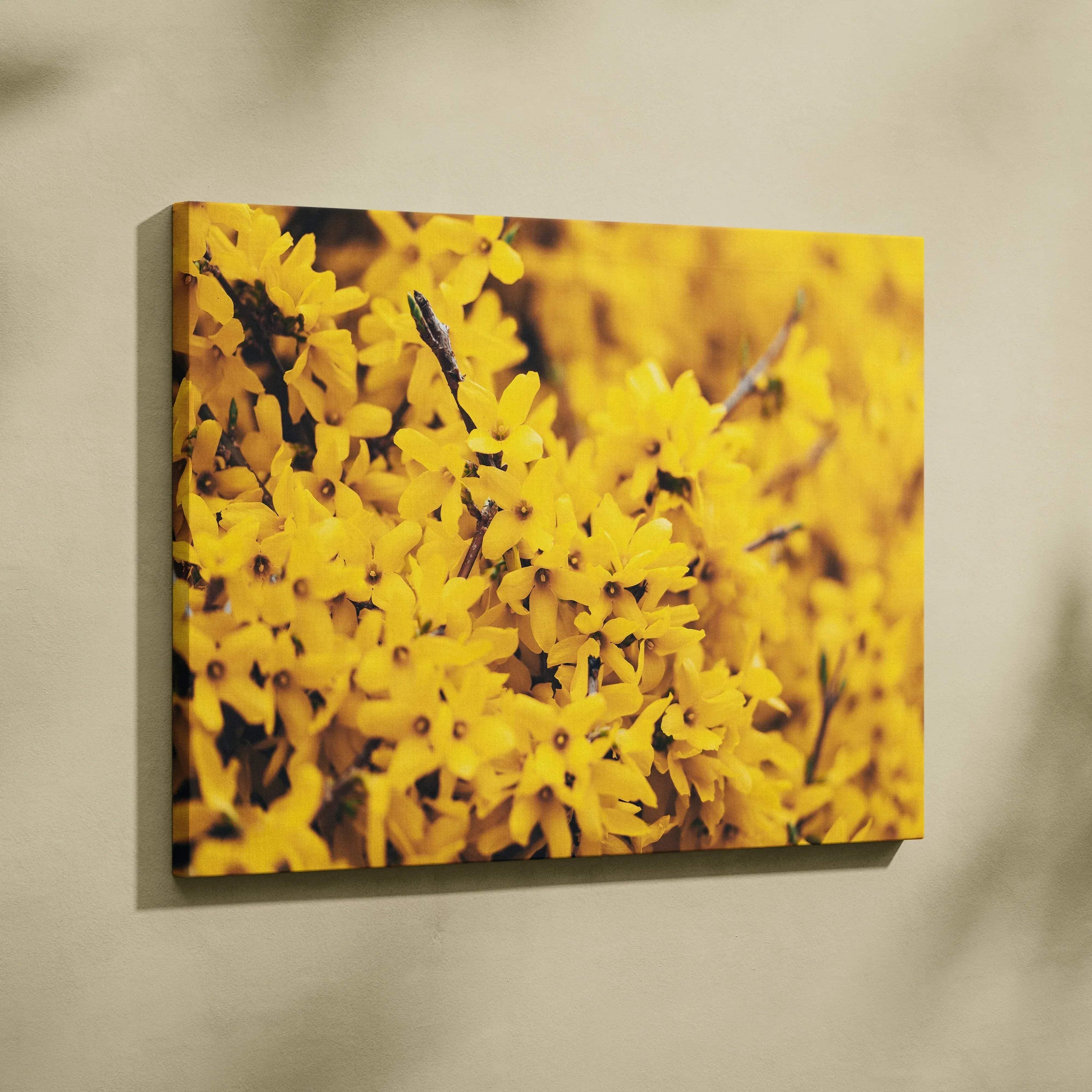 Yellow cherry blossom floral canvas wall art with vibrant detail and soft shadows decor.