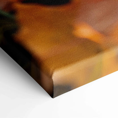 Close-up of canvas wall art corner with vibrant golden and orange autumn leaves in digital art style.