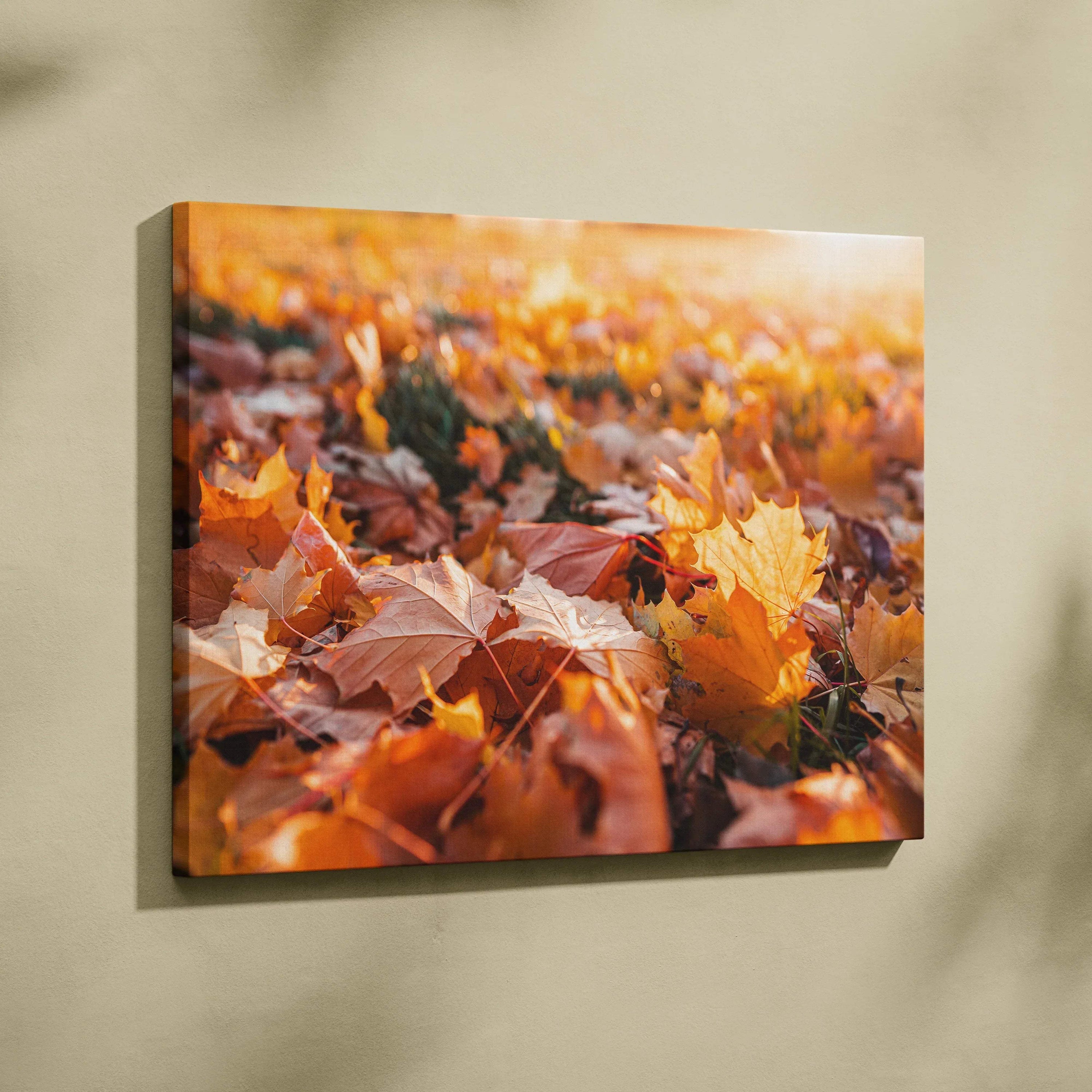 Canvas wall art featuring vibrant golden autumn leaves in a digital art style with rich fall colors.