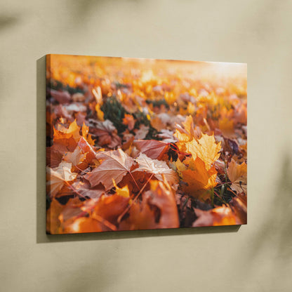 Canvas wall art featuring vibrant golden autumn leaves in a digital art style with rich fall colors.