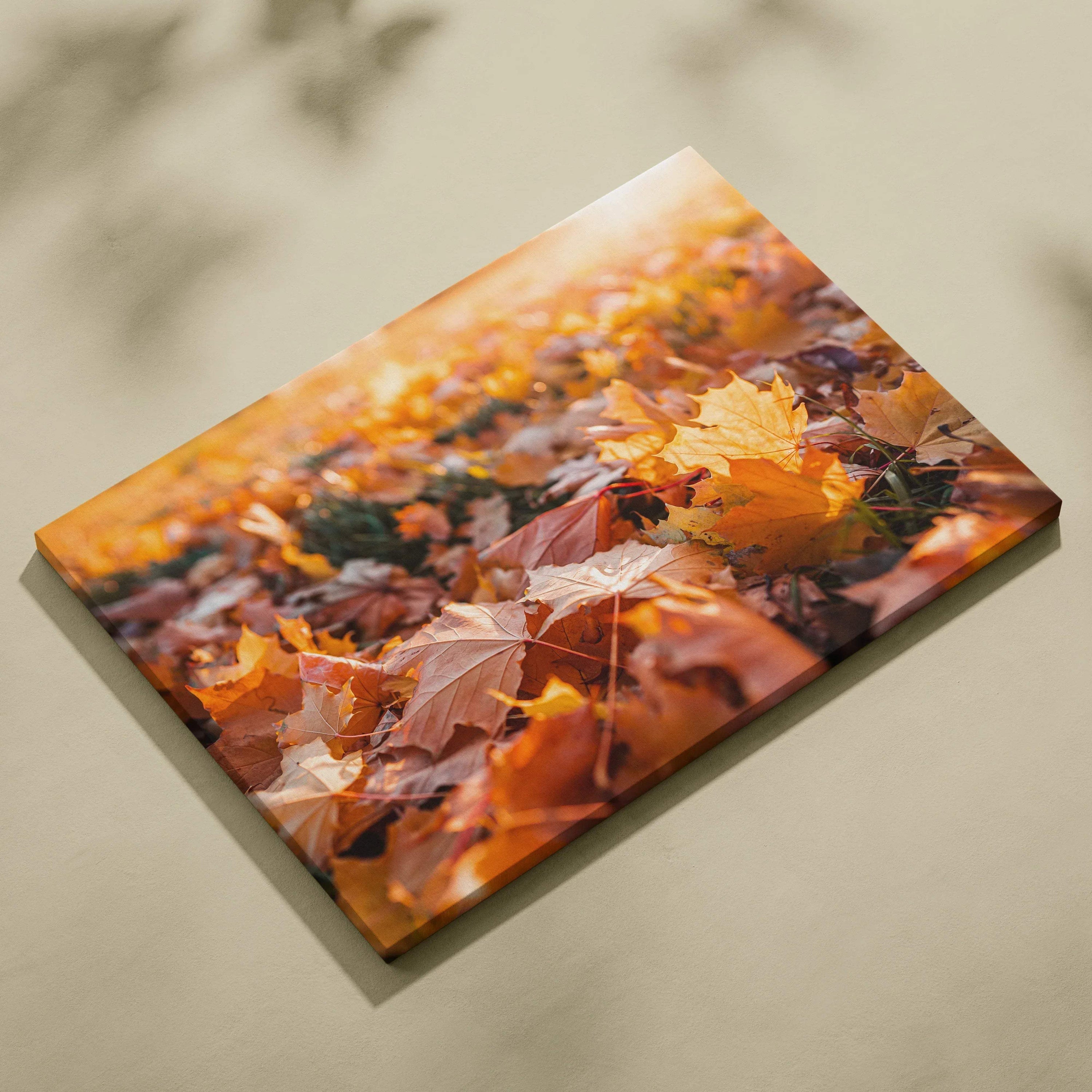 Autumn leaves digital art canvas wall art with vibrant golden and orange fall colors.