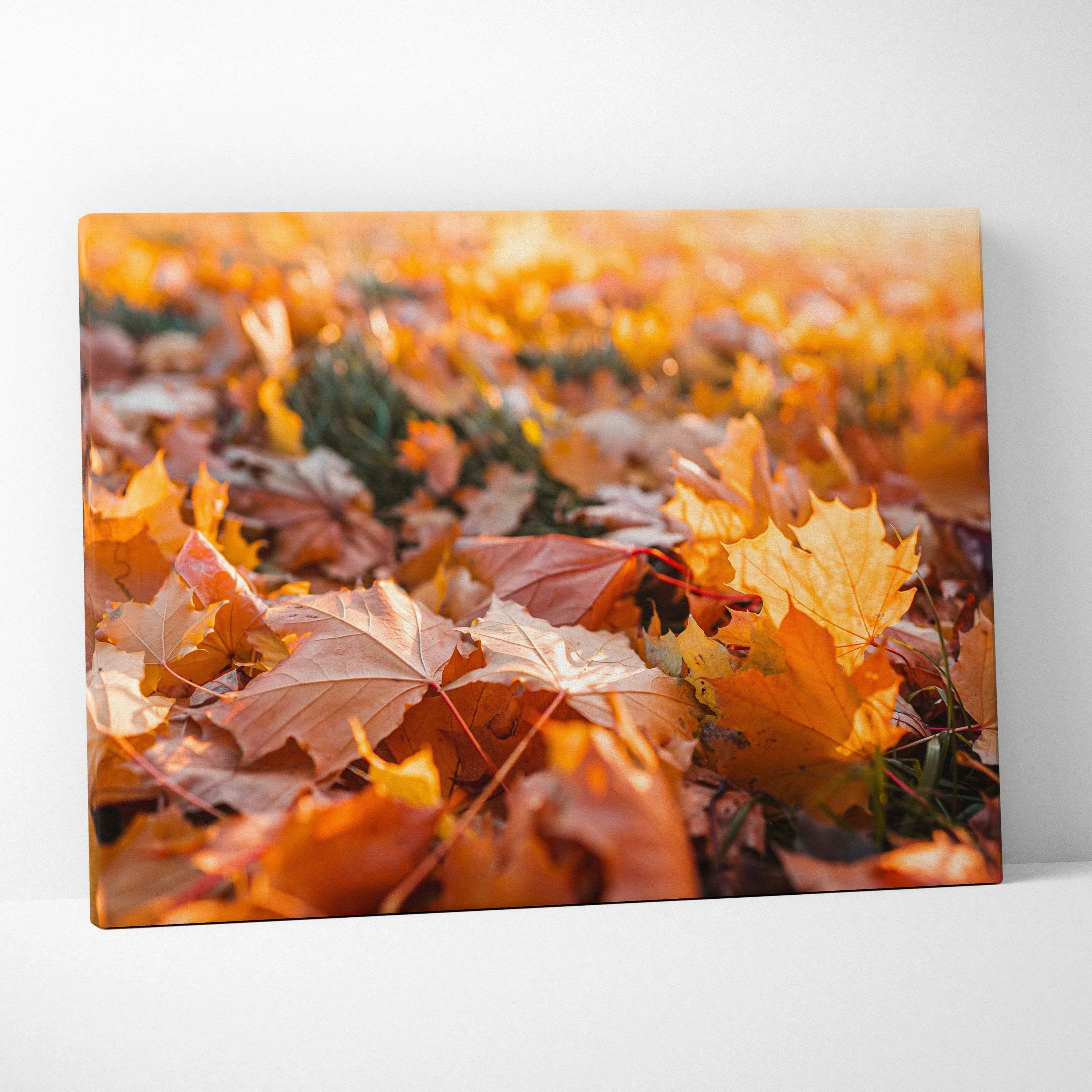 Canvas wall art featuring vibrant golden autumn leaves with warm fall colors in digital art style.