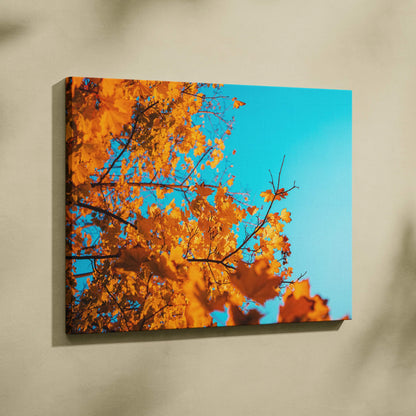 Canvas wall art featuring vibrant golden autumn leaves against a bright blue sky.
