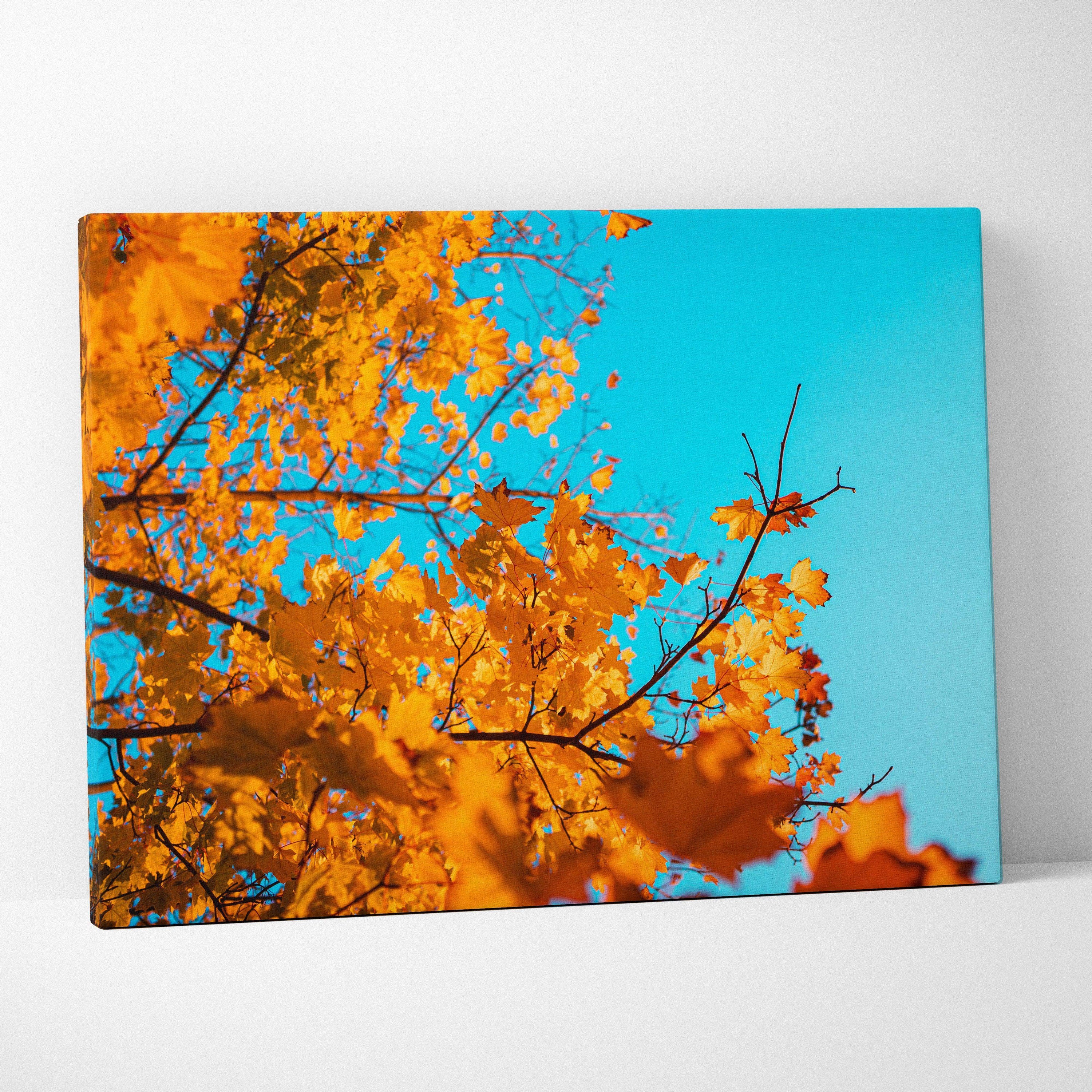 Canvas wall art featuring golden autumn leaves against a bright blue sky in warm fall colors.