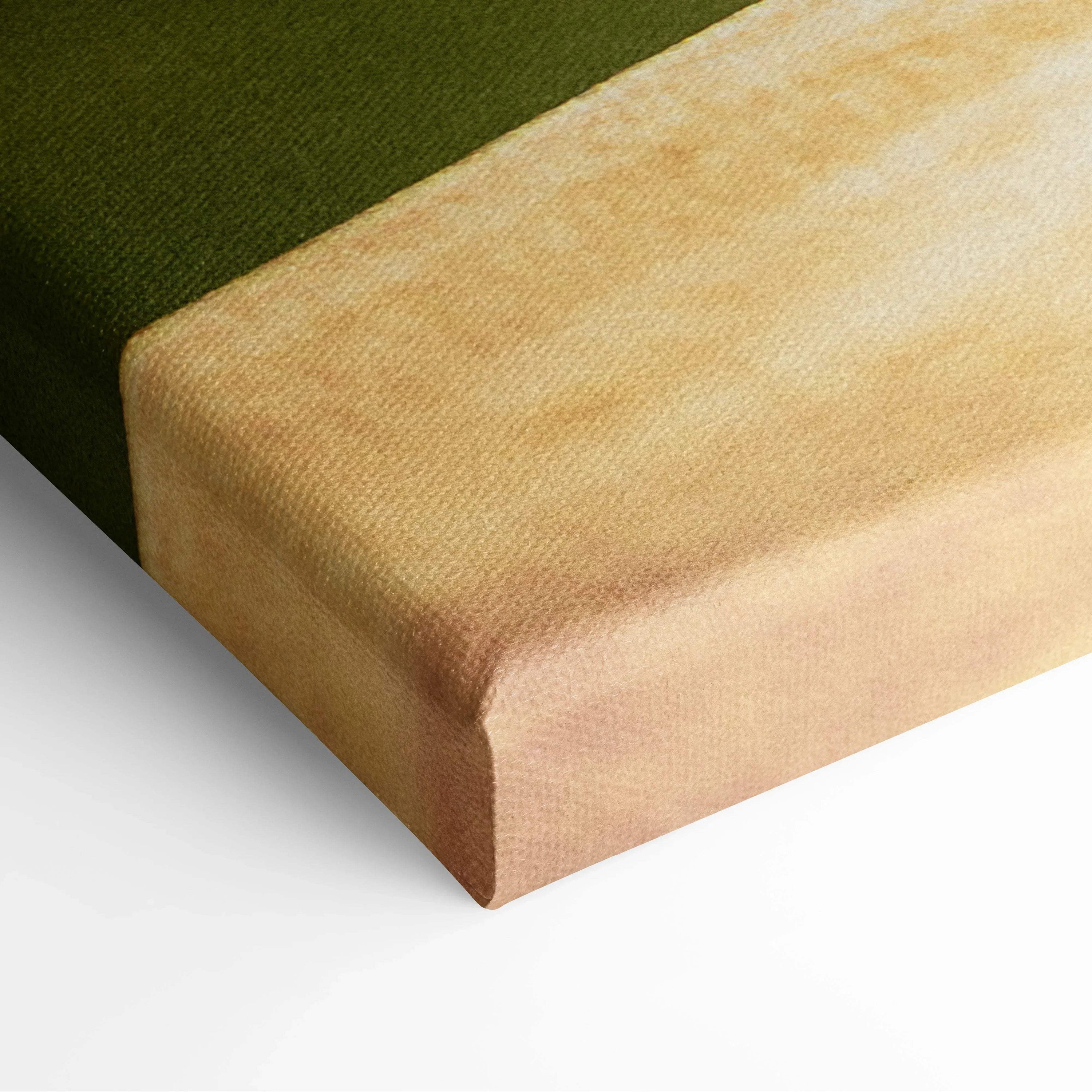 Corner close-up of wrapped museum-quality canvas with beige and olive-green food and wine scene colors.