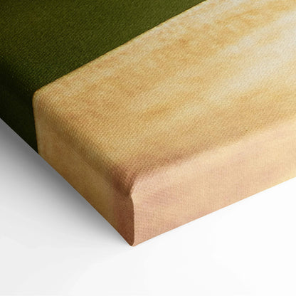 Corner close-up of wrapped museum-quality canvas with beige and olive-green food and wine scene colors.