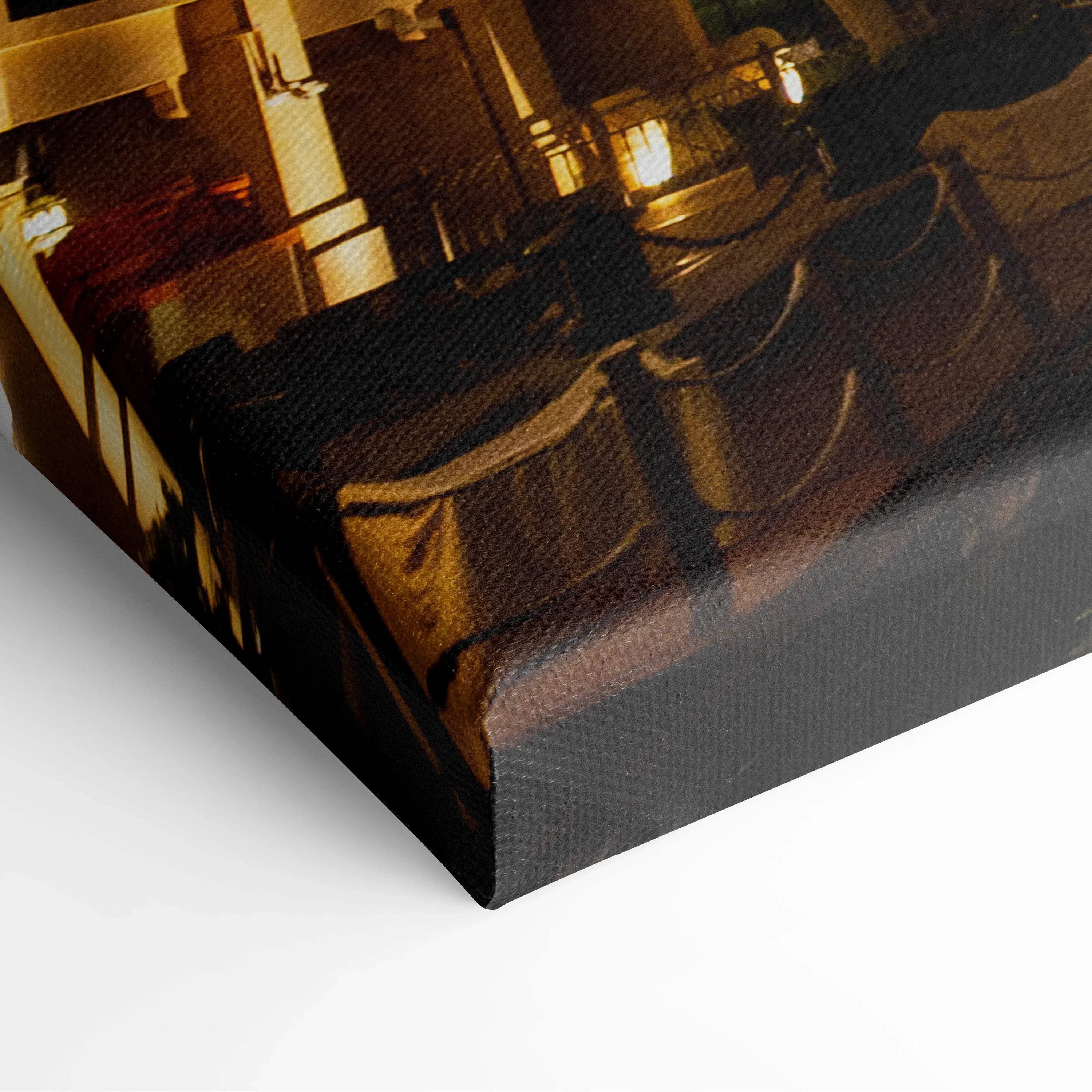 Close-up of high-resolution canvas art print showing textured fabric and a warm-toned architectural design with light and.