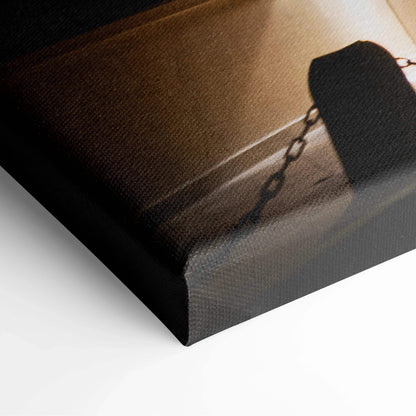 Brown and black modern architecture canvas wall art with abstract geometric shapes and chain detail.