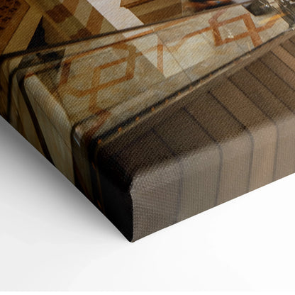 Close-up of premium canvas wall art with layered architectural shapes in warm brown and beige tones.