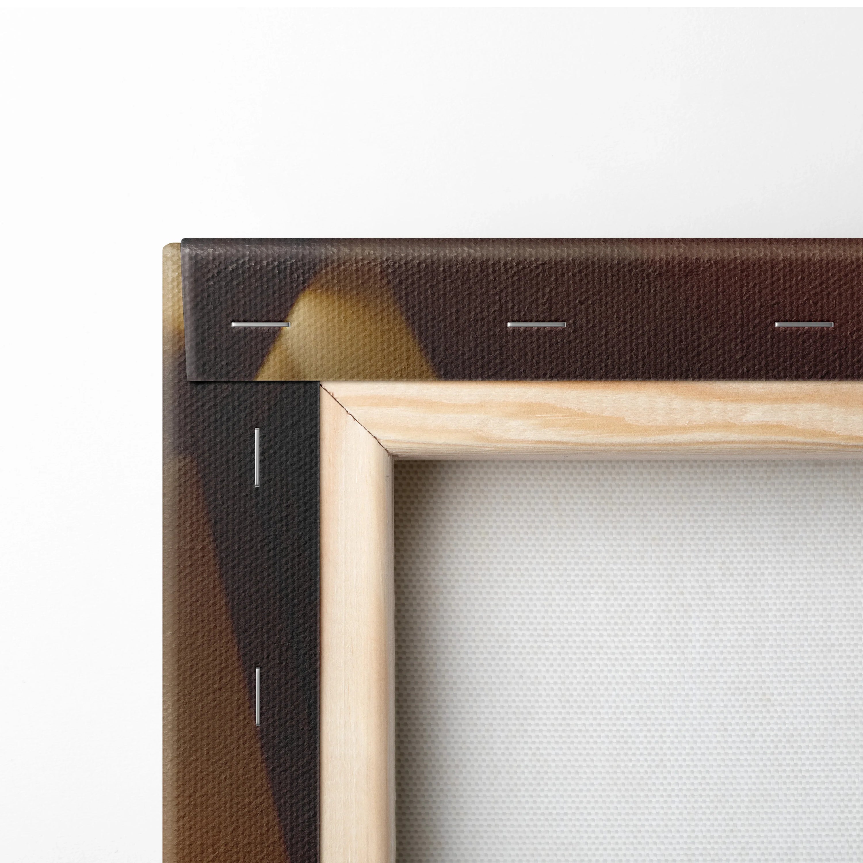 Close-up of wooden frame corner and canvas texture on vertical wall art print.