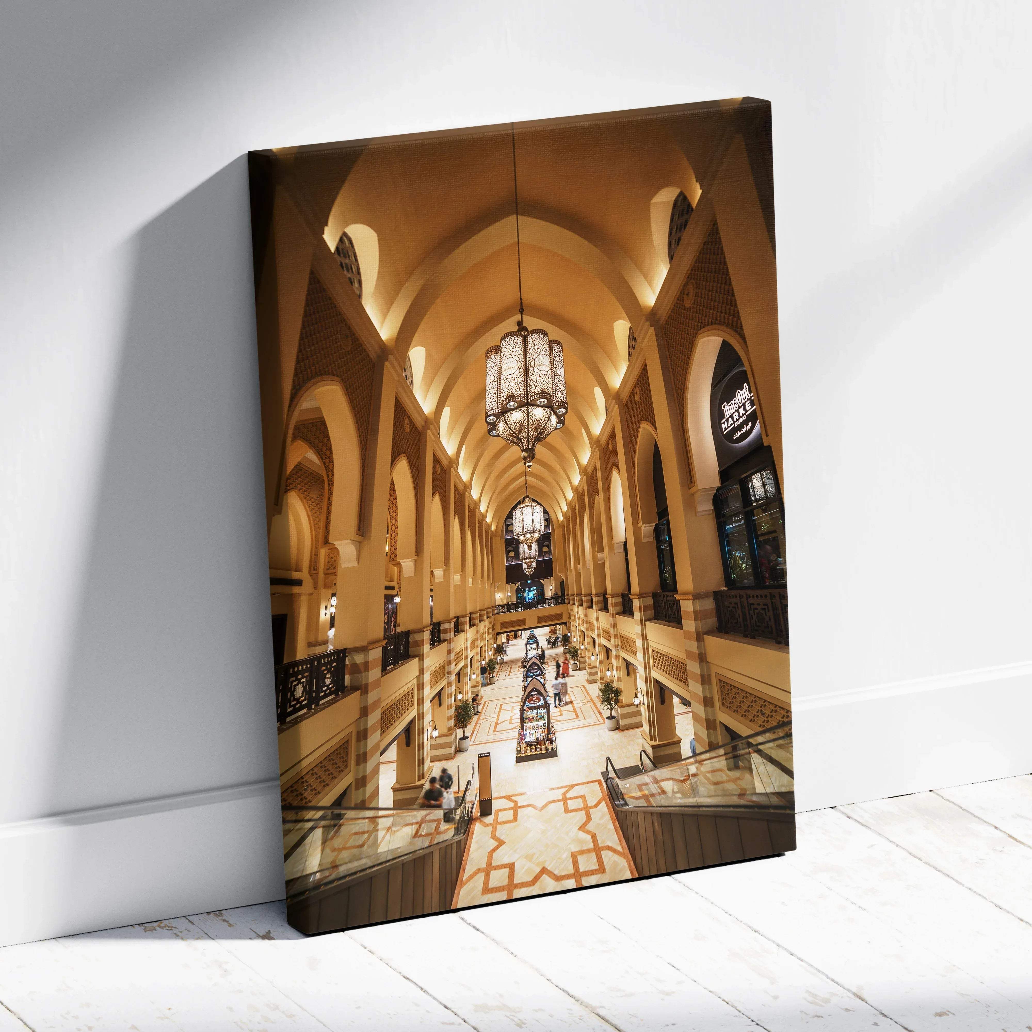 Framed canvas print of elegant architecture featuring grand arched interior hallway in warm golden tones