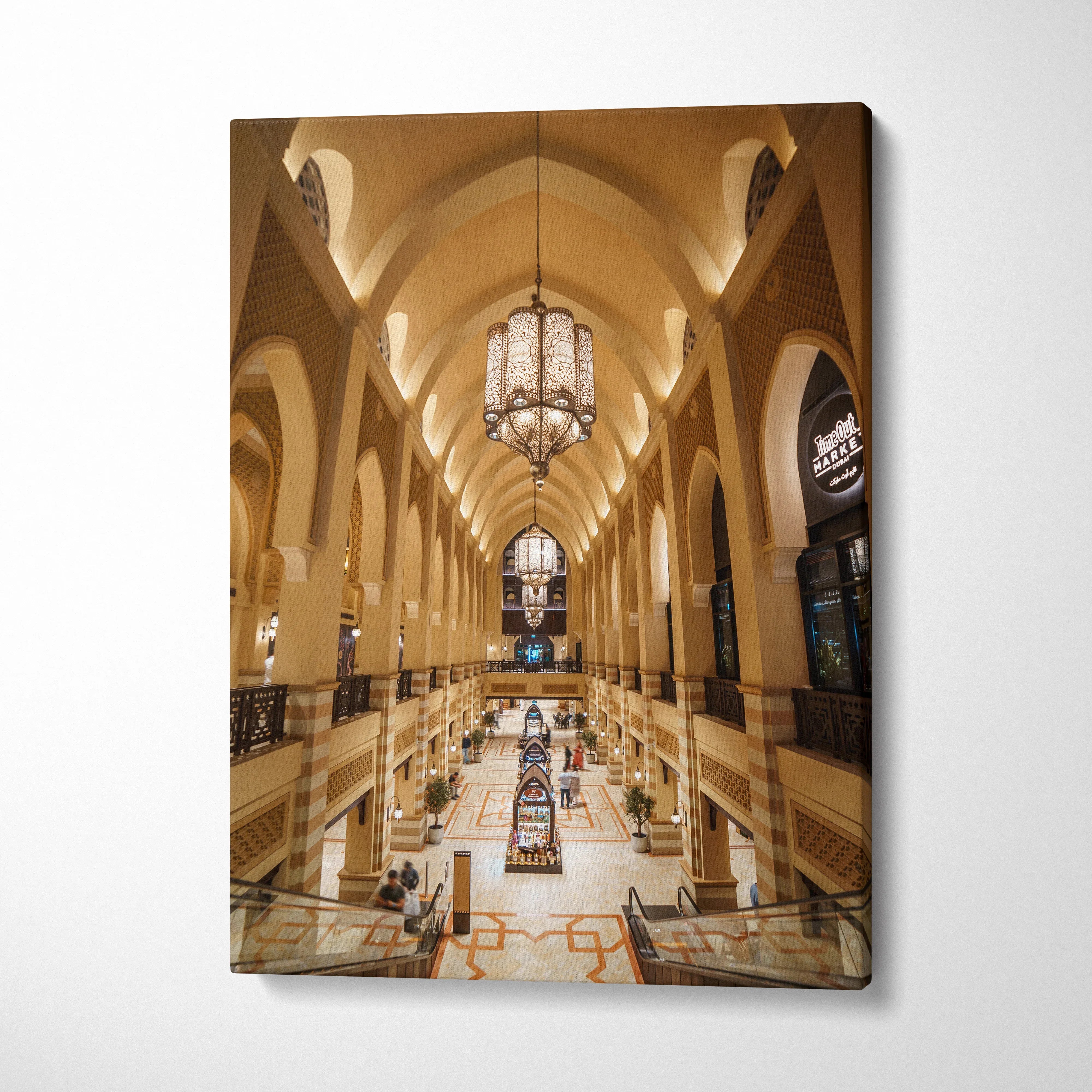 Vertical canvas wall art featuring warm-toned architecture with ornate arches and chandelier lighting.