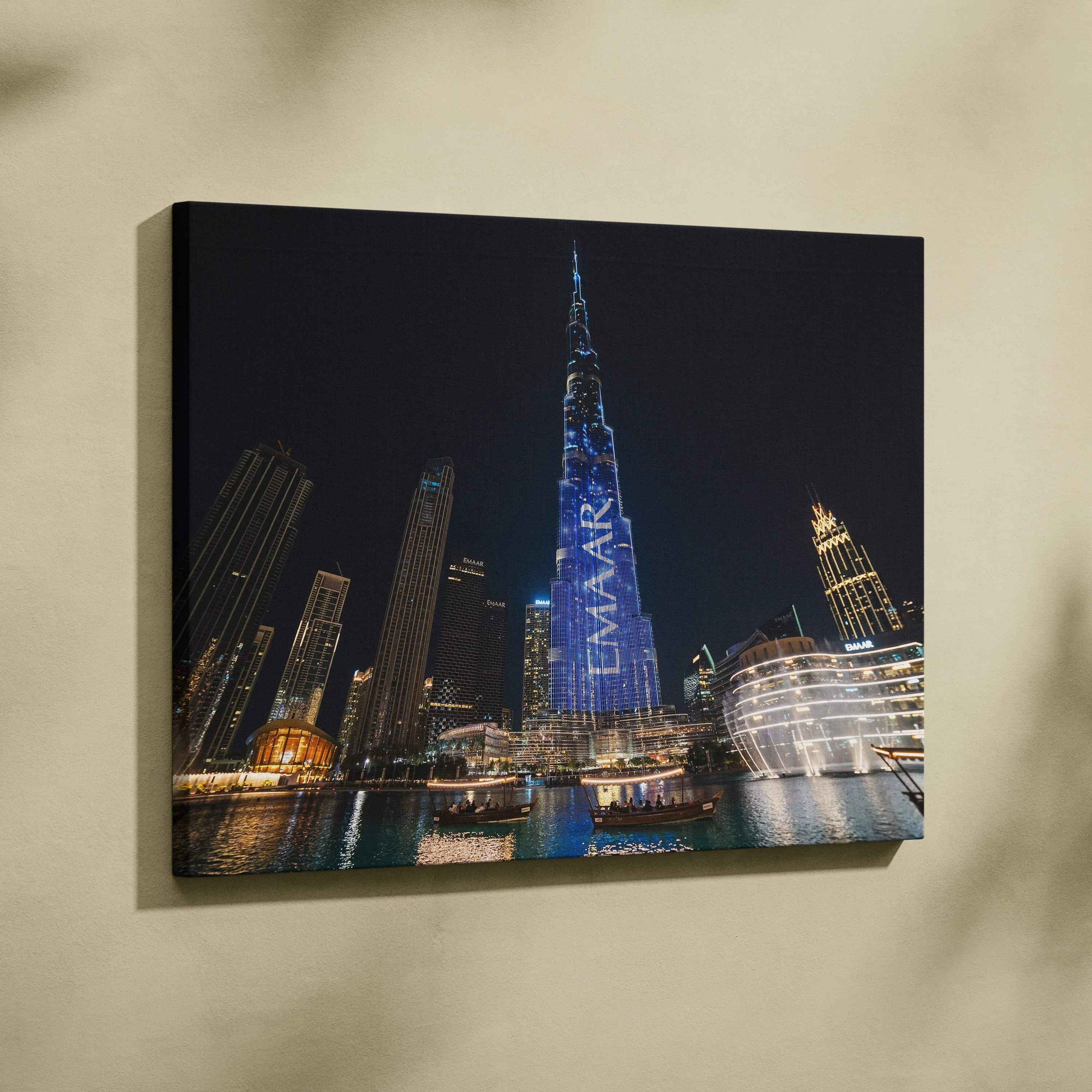 Elegant nighttime cityscape canvas wall art featuring illuminated skyscrapers and modern architecture.