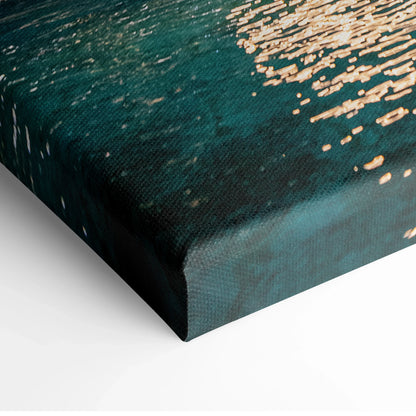 Teal and gold abstract architecture canvas print with textured detail and wrapped edges.