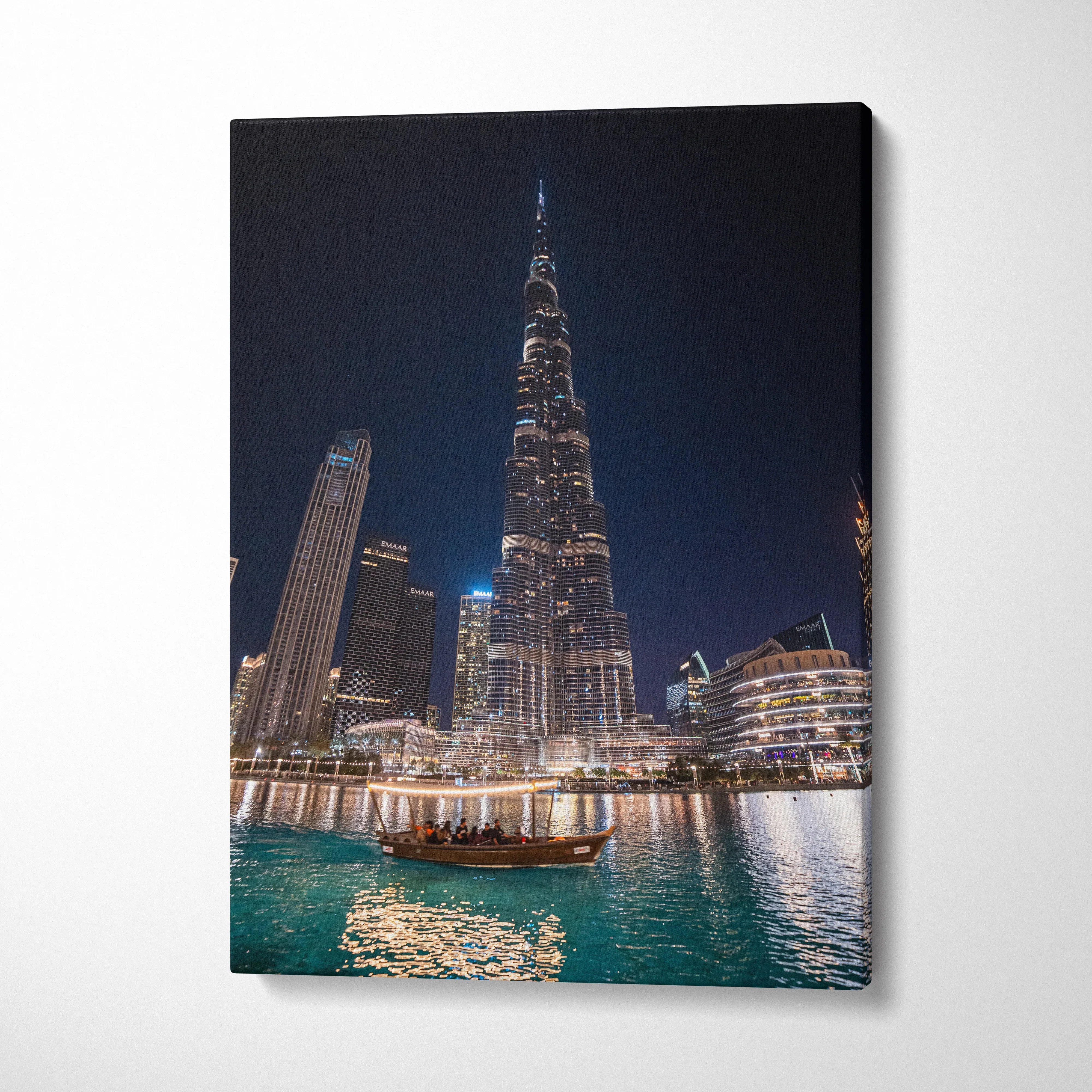 High-resolution canvas art of illuminated Burj Khalifa and Dubai skyline at night, vertical wall art canvas print.