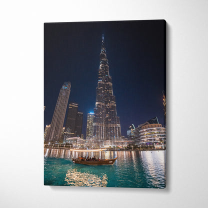 High-resolution canvas art of illuminated Burj Khalifa and Dubai skyline at night, vertical wall art canvas print.
