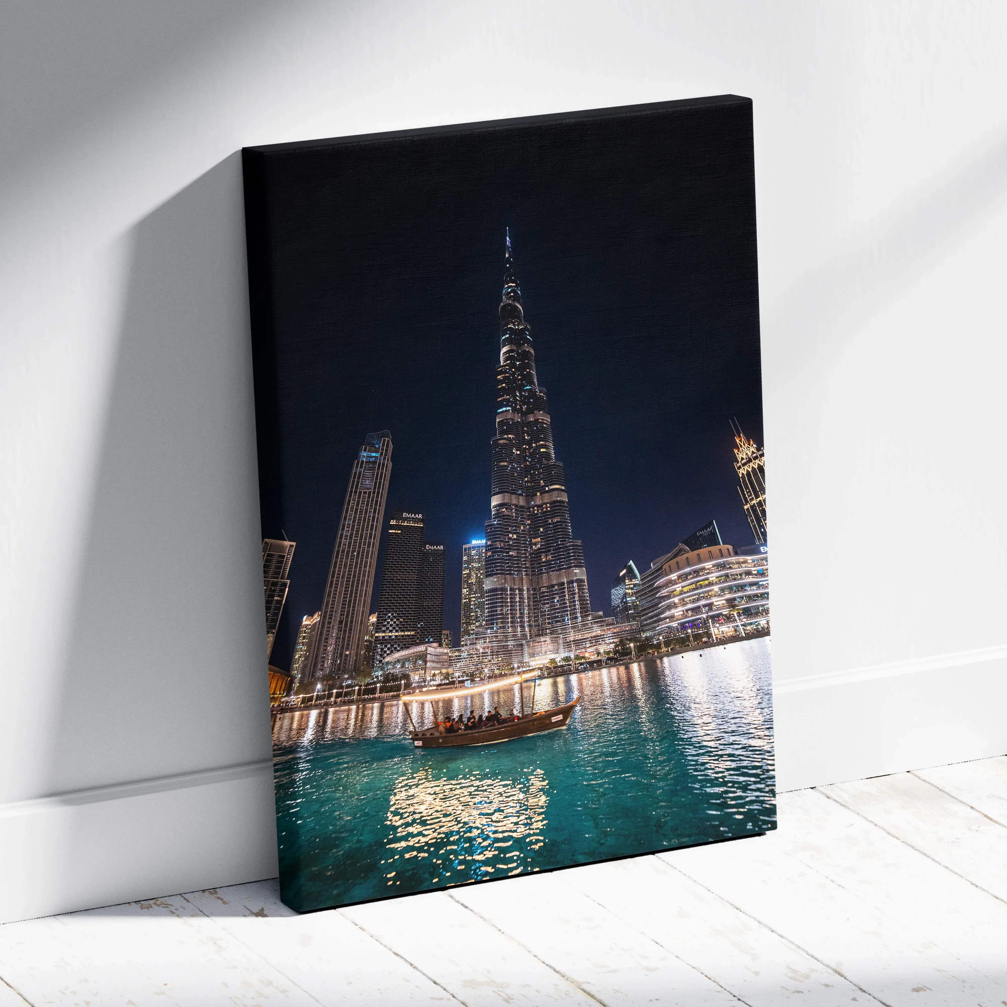 Dubai night cityscape burj khalifa waterfront canvas wall art showing illuminated skyline and traditional dhow boat reflection