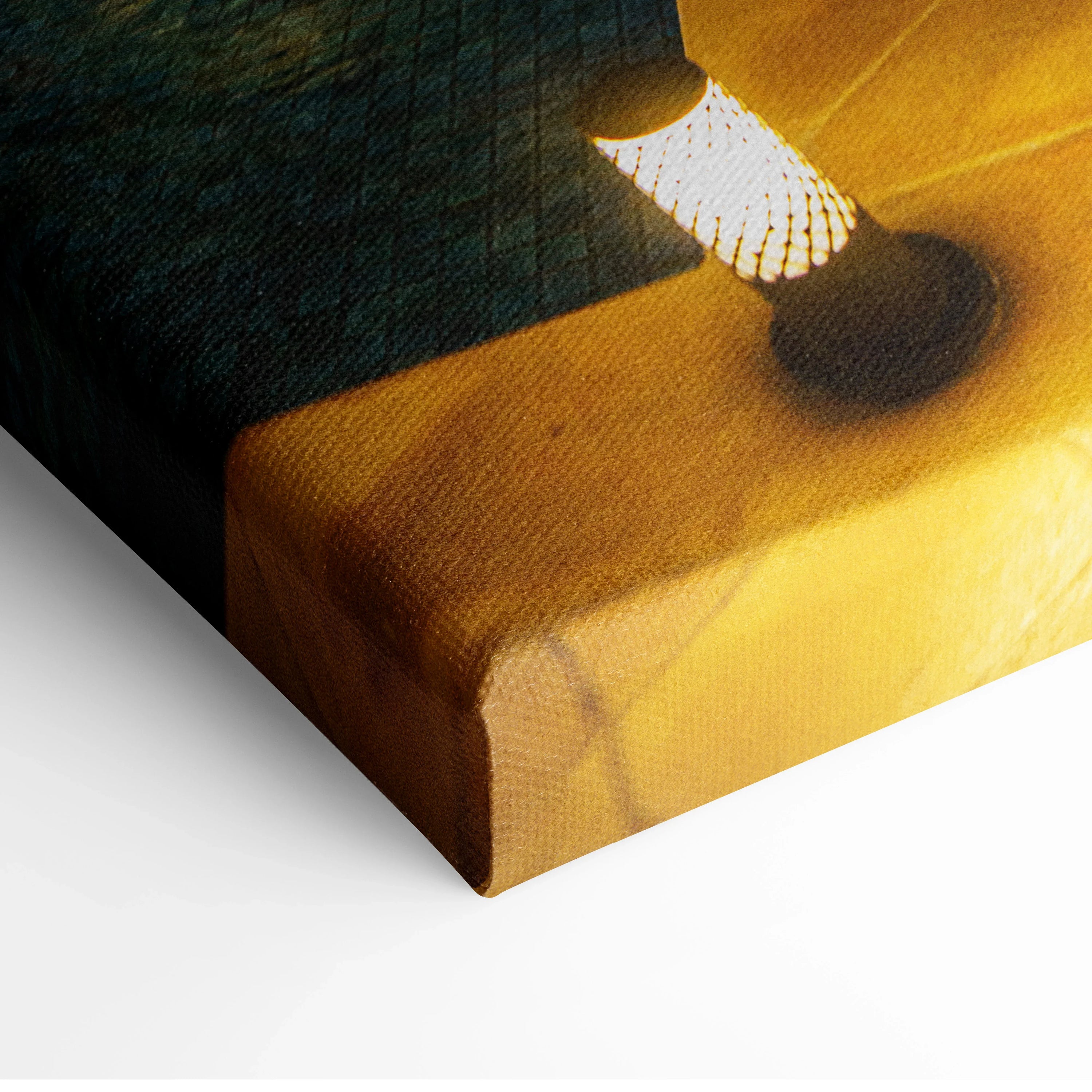 Close-up of textured canvas wall art with warm yellow and deep blue tones in vertical format.