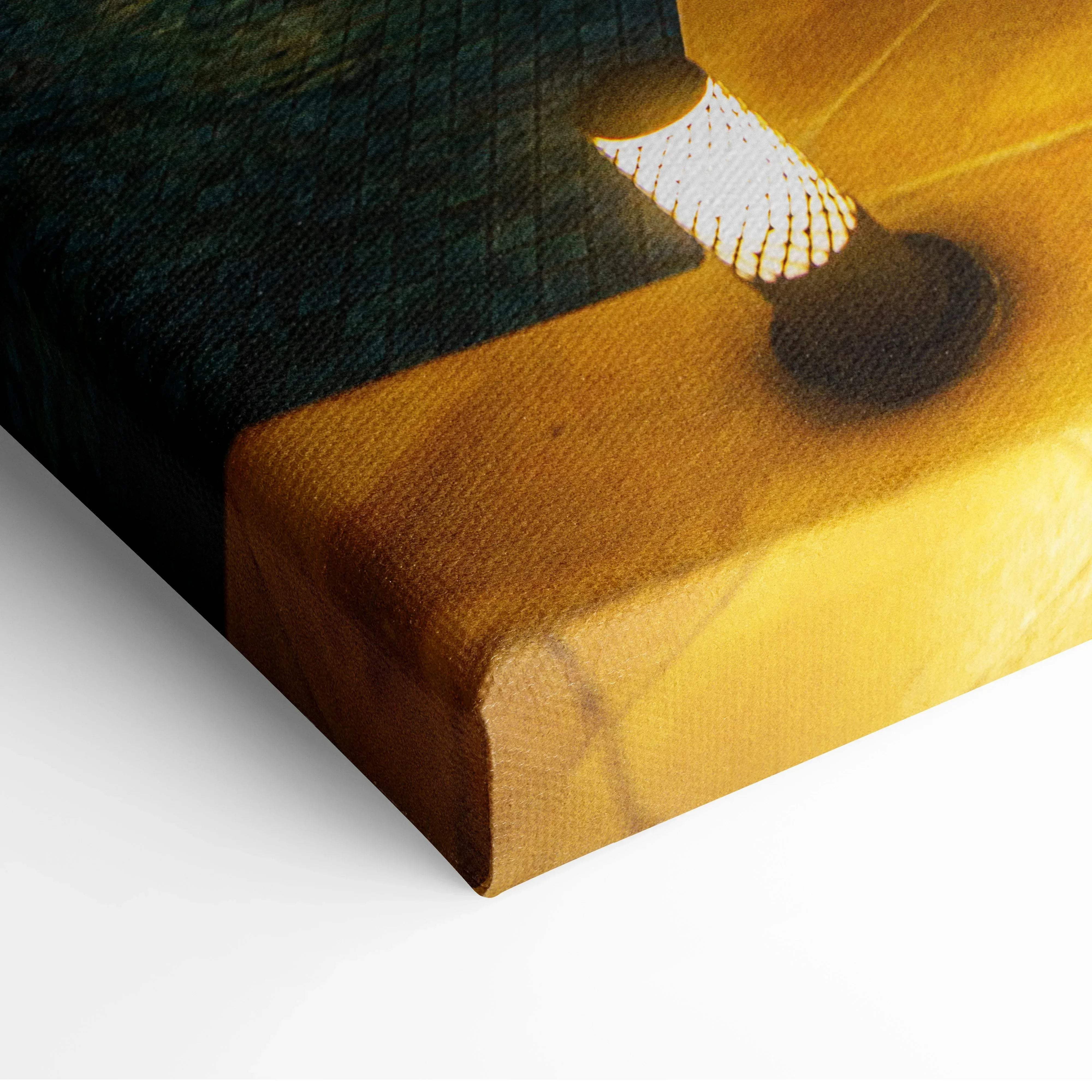 Canvas wall art featuring textured golden yellow surface with dark green black accents depicting dubai burj khalifa night scene