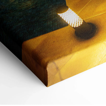 Close-up of textured canvas wall art with warm yellow and deep blue tones in vertical format.