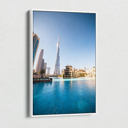 Canvas wall art featuring a vibrant cityscape with iconic skyscrapers and clear blue water under a bright sky.