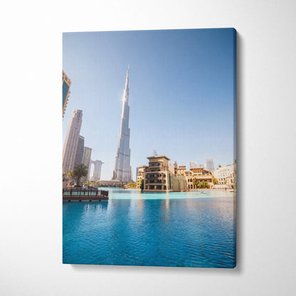 Canvas wall art featuring iconic modern skyscrapers and waterfront with clear blue sky background.