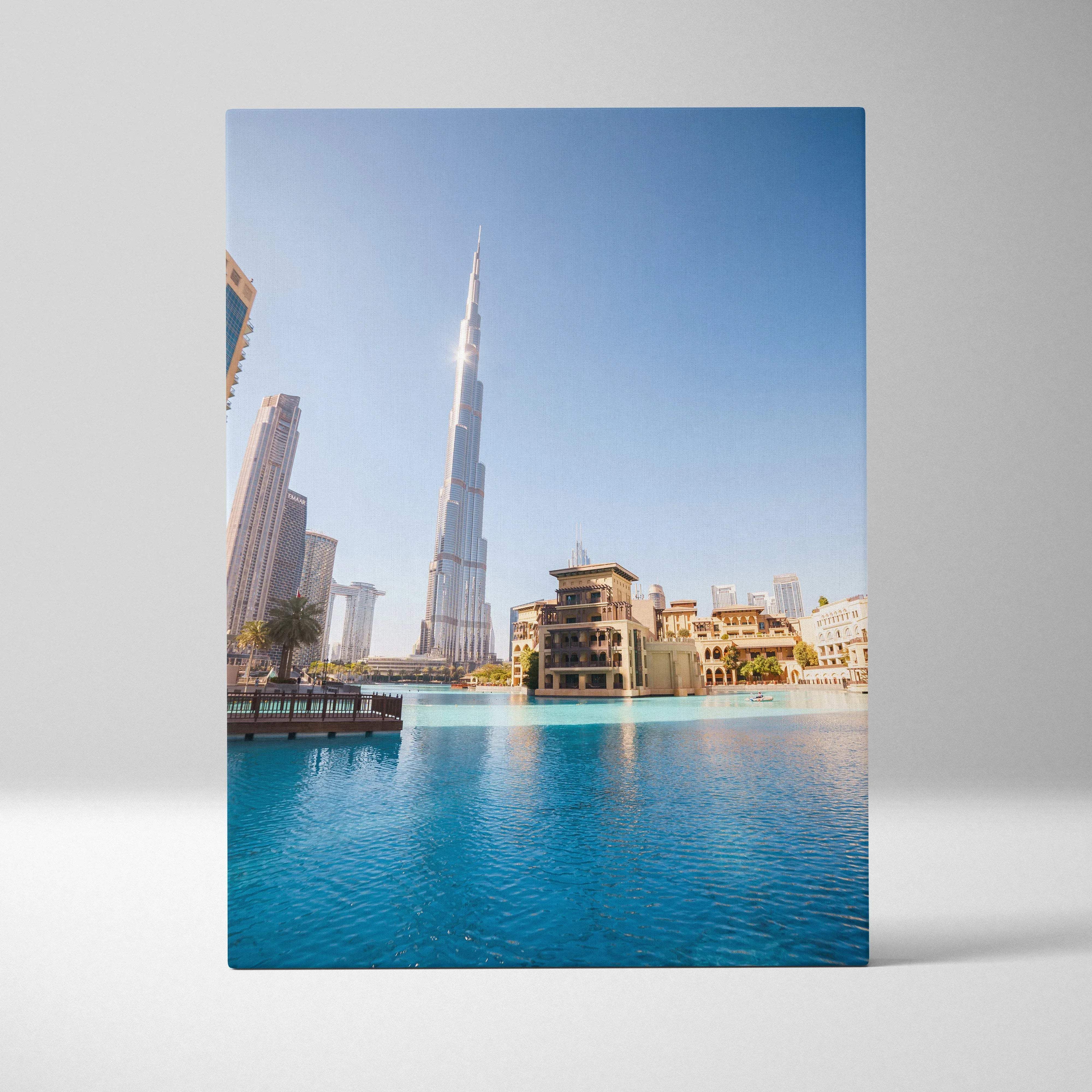 Rectangular canvas wall art of burj khalifa dubai skyline with vibrant blue sky and turquoise water background