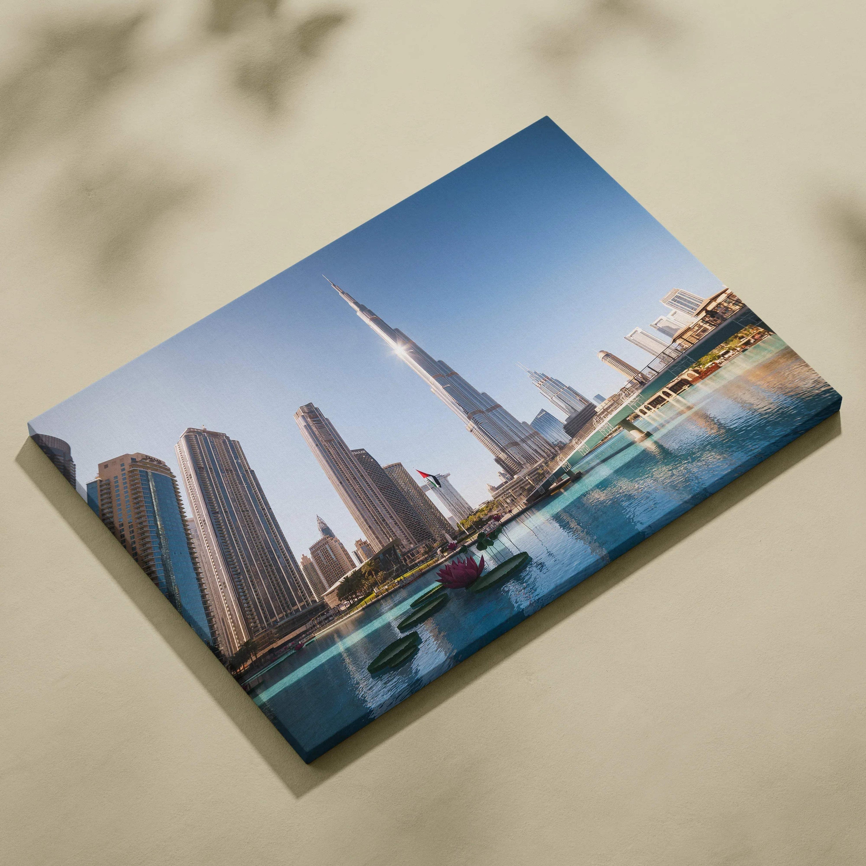 Premium canvas wall art featuring a digital architectural cityscape with modern skyscrapers and a waterfront under a clear.