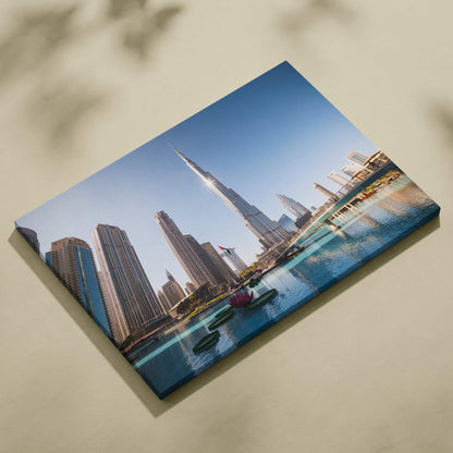 Premium canvas wall art featuring a digital architectural cityscape with modern skyscrapers and a waterfront under a clear.
