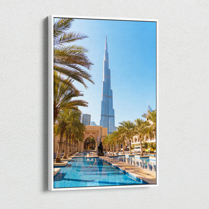 Vertical canvas art wall decor featuring a high-resolution architectural print of Burj Khalifa with palm trees and.
