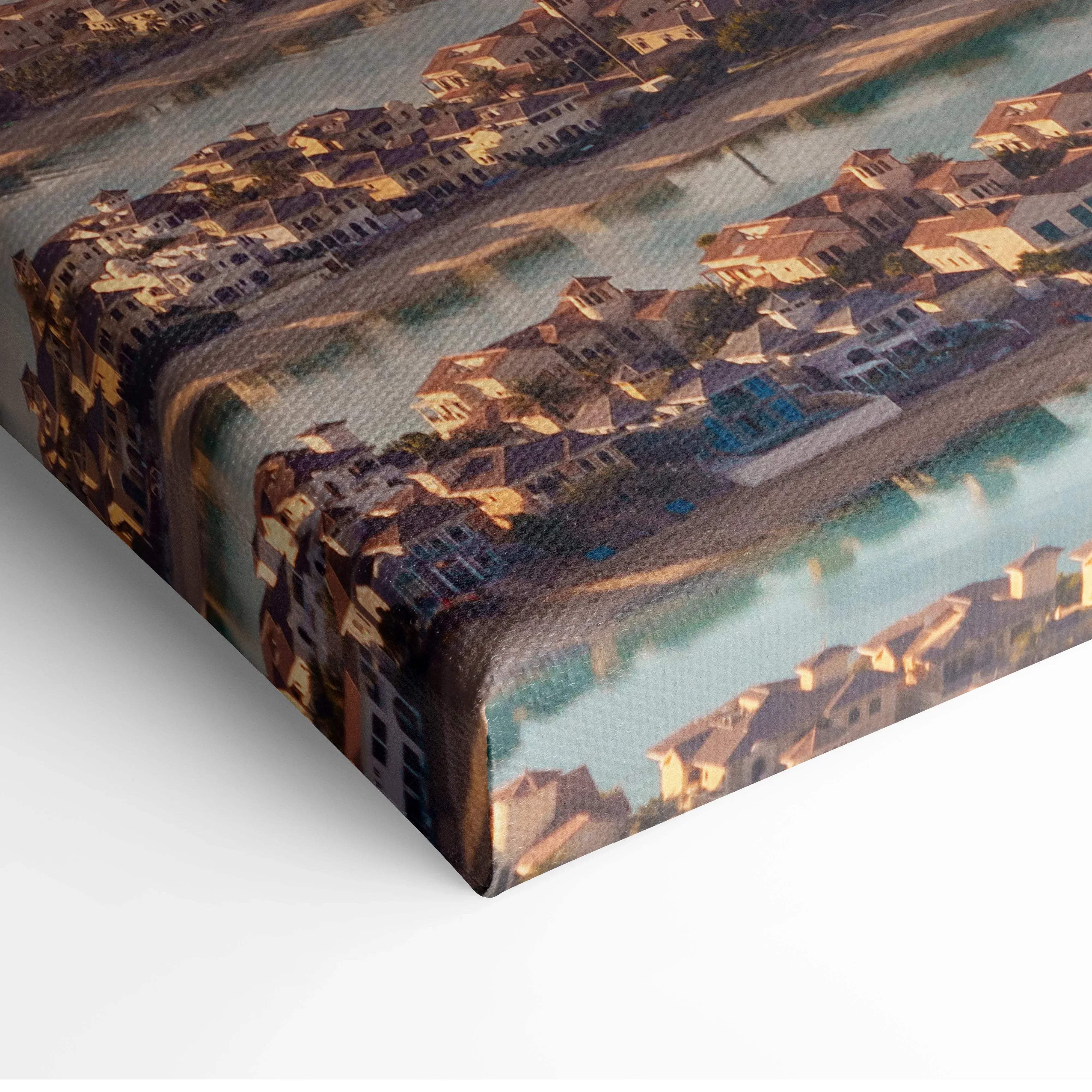 Canvas wall art featuring warm-toned futuristic coastal buildings at sunset with turquoise water on textured fabric