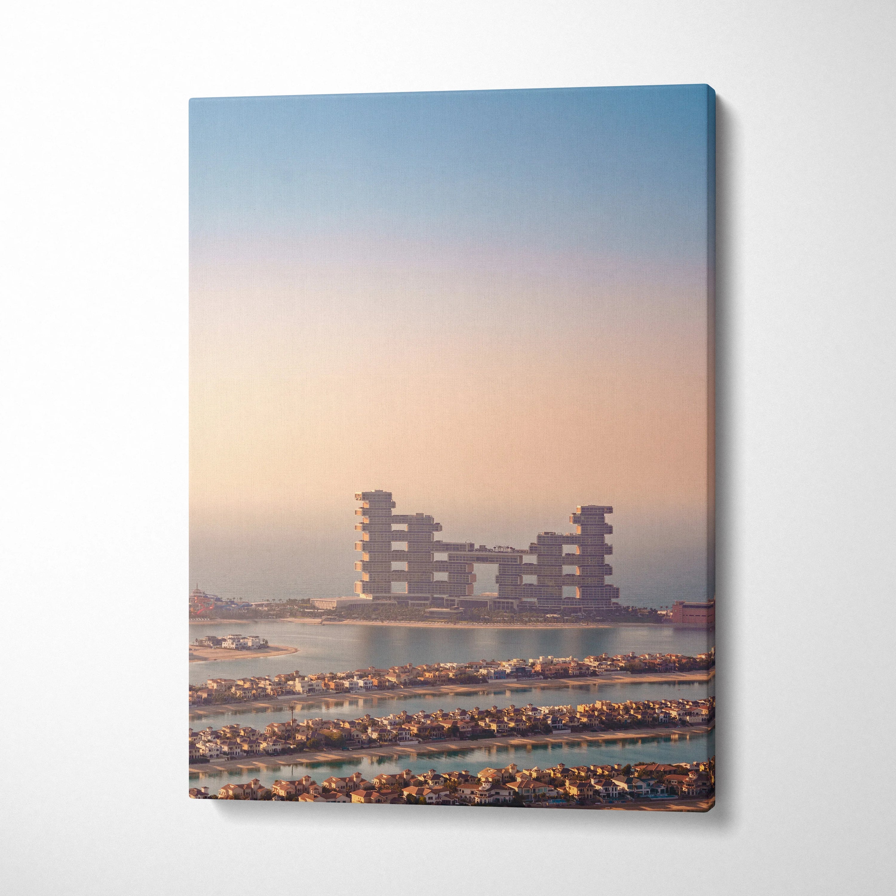 Vertical canvas wall art showing a high-resolution digital architecture print with soft sunrise tones and modern building.