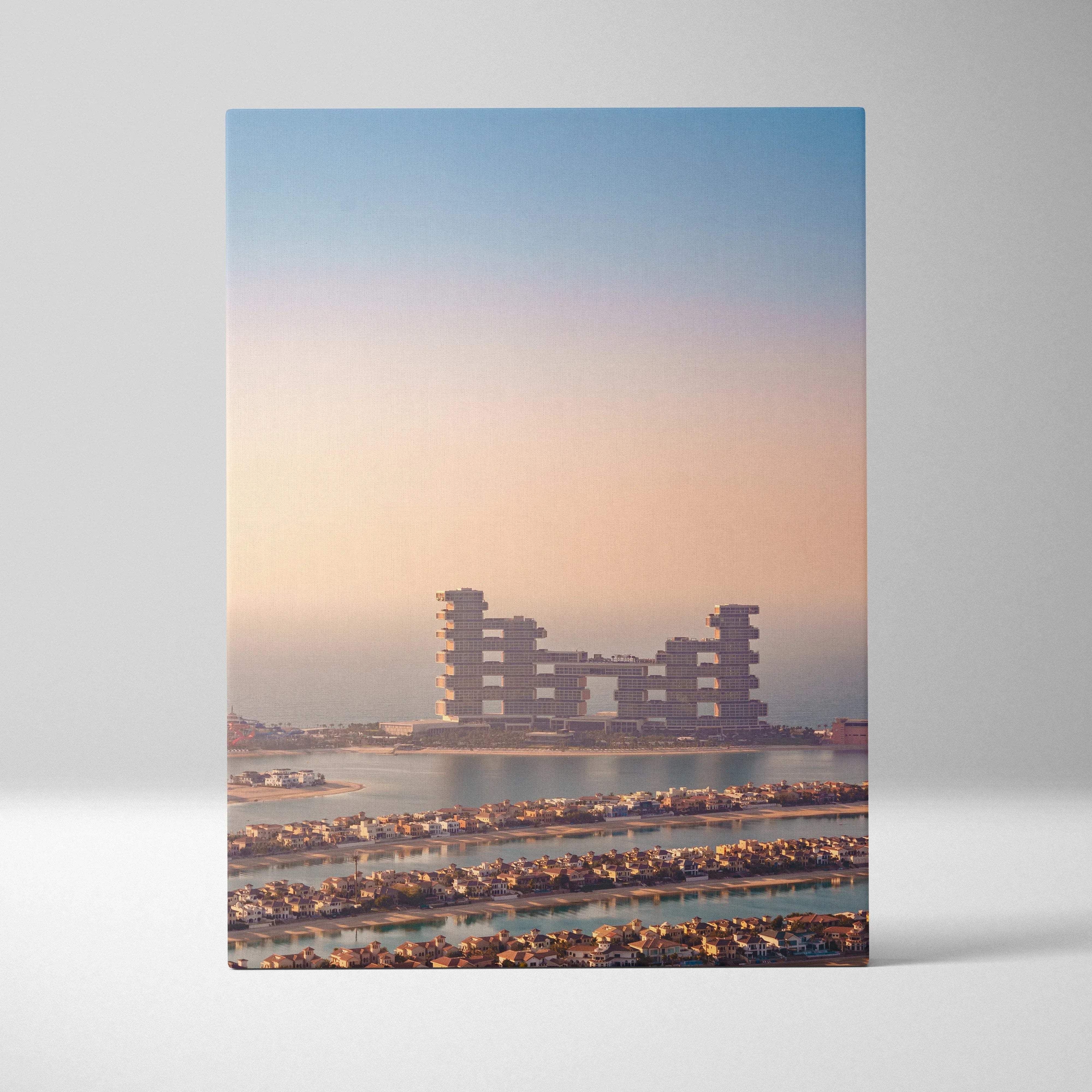Rectangular canvas wall art featuring modern stacked interlocking towers with a pastel sky at sunset