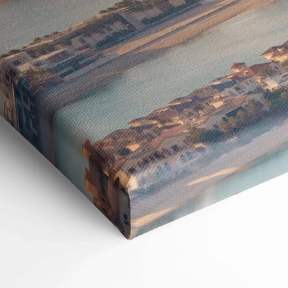 Canvas wall art print featuring detailed digital architecture in soft blue and warm beige tones.