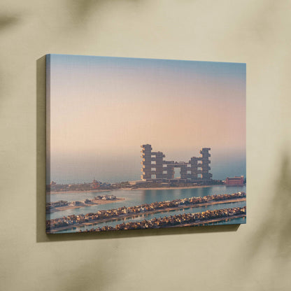 Canvas wall art featuring a digital architecture design with modern buildings at sunset.