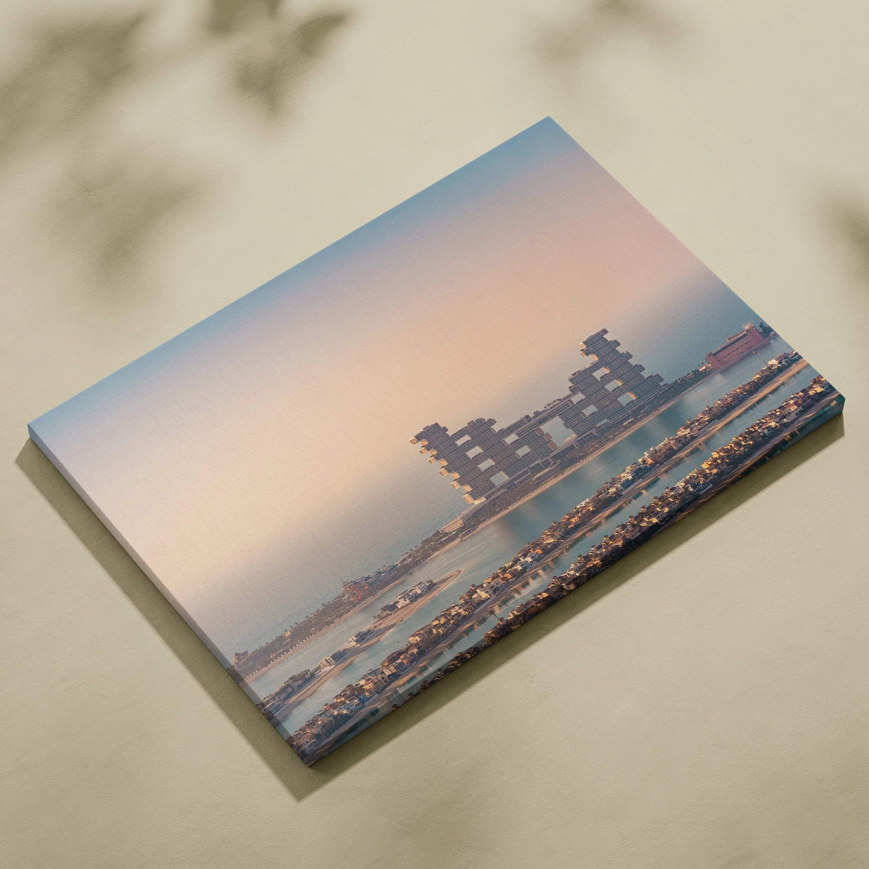 Canvas wall art featuring a modern architectural building in soft pastel hues with a calm sky background.