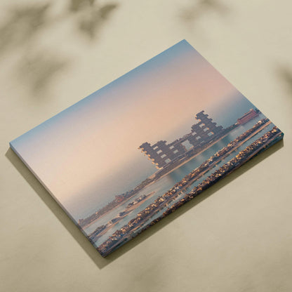 Canvas wall art featuring a modern architectural building in soft pastel hues with a calm sky background.