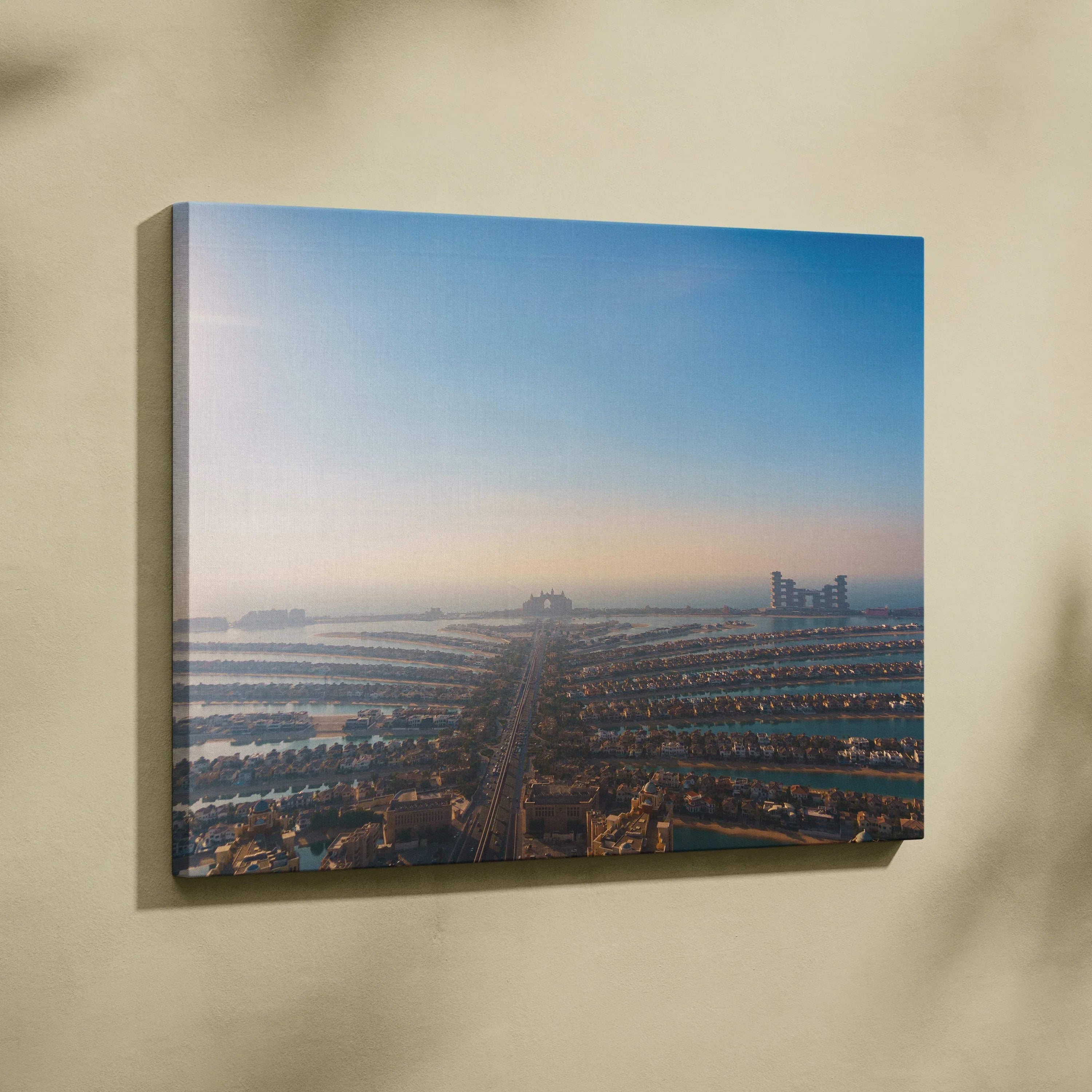 Canvas wall art featuring an aerial view of a coastal cityscape at sunrise with modern buildings and water channels.