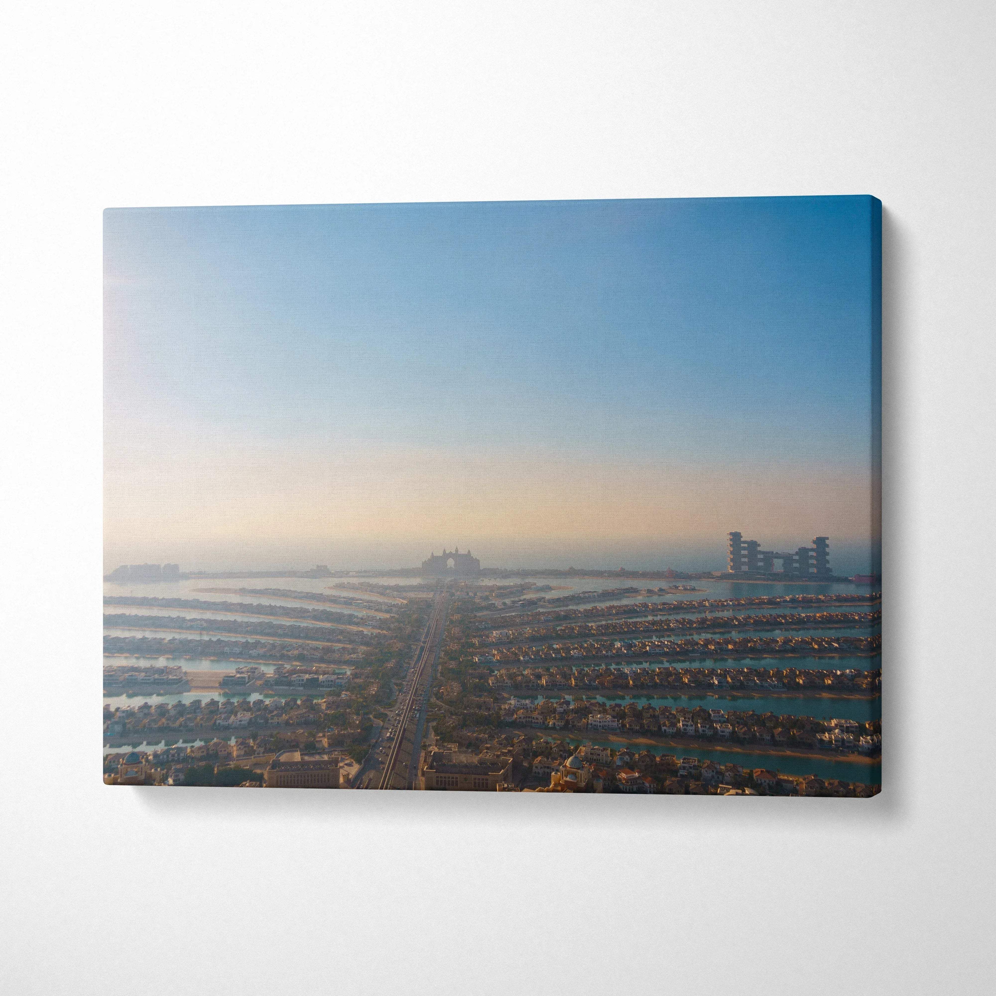 Canvas wall art featuring a digital cityscape at sunrise with soft blue and orange tones.