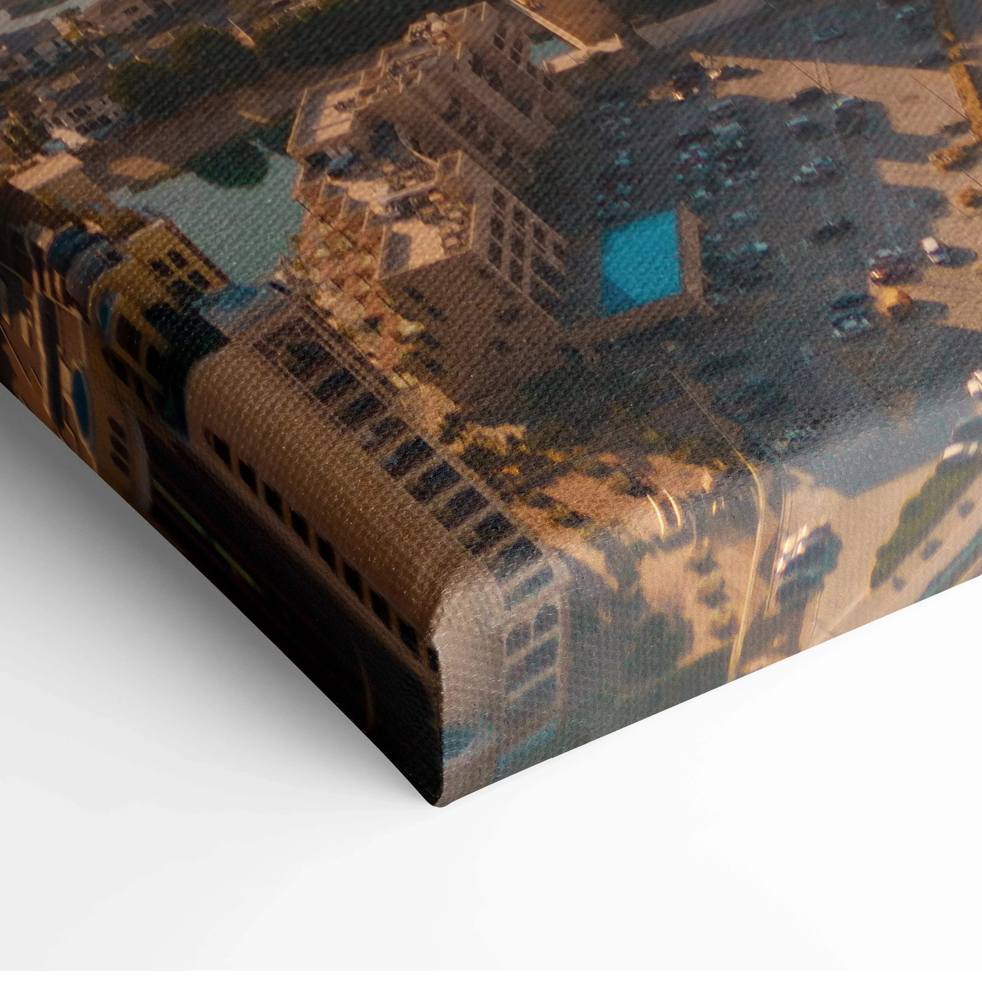 Architectural cityscape aerial view canvas print featuring modern buildings with blue pools and parked cars at dawn